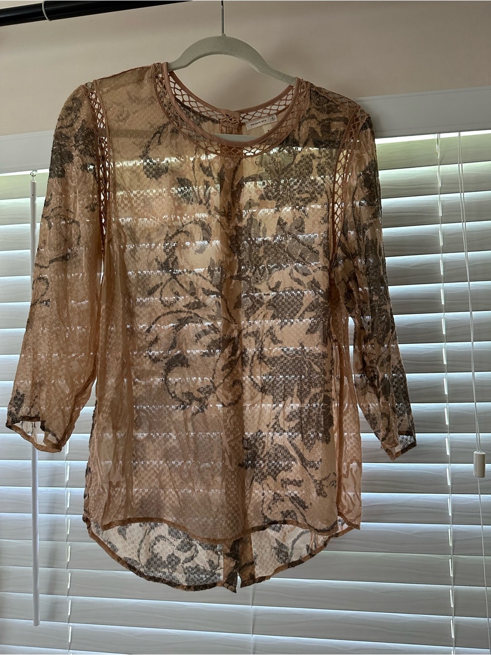 Meadow Rue Sheer Blush Lace-Embellished Blouse back button detail